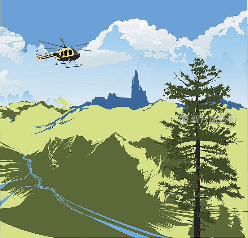 直升飞机飞过绿色的山谷和一条河