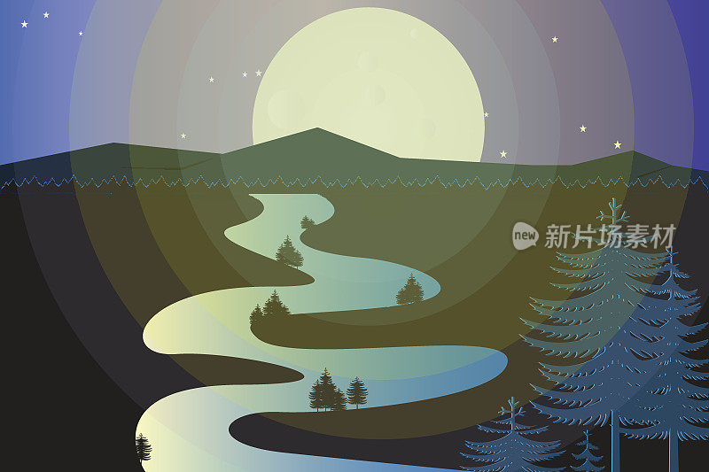 矢量插图的野生针叶林与河在满月的夜晚