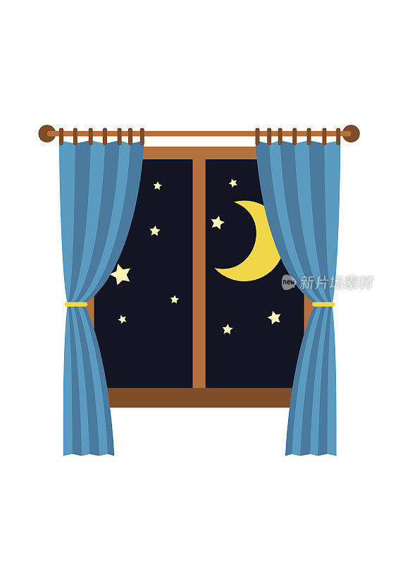 窗外的夜晚，蓝色的窗帘孤立在白色的背景上。睡眠和休息时间