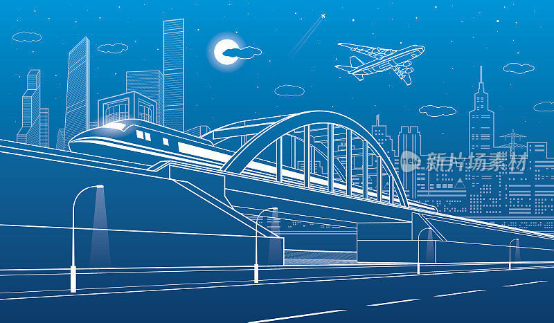 火车沿铁路桥、高速公路行驶。城市基础设施插图，现代城市背景，工业建筑，高楼大厦，飞机飞行。矢量设计艺术