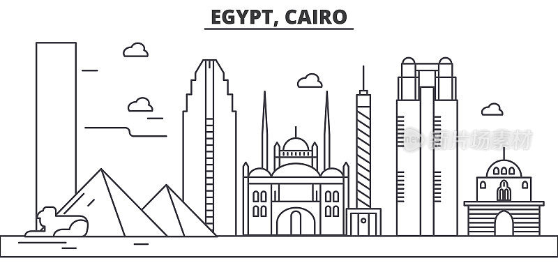 埃及，开罗建筑线天际线插图。线性向量的城市景观与著名的地标，城市景观，设计图标。风景与可编辑的笔触