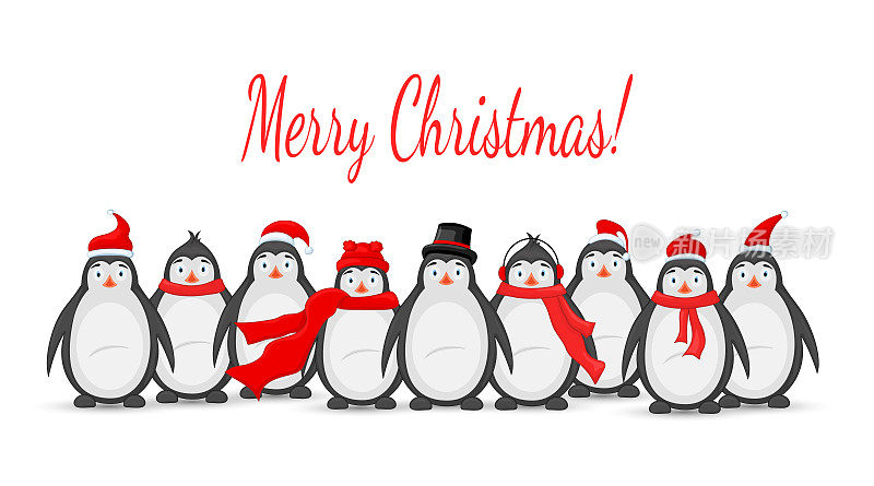 许多极地企鹅在冬天戴耳机、帽子、帽子和围巾。明信片新年和圣诞节。白色背景上的孤立物体。模板文本和祝贺。