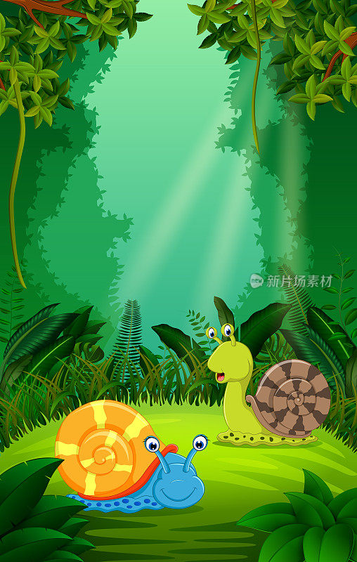 蜗牛在清澈绿色的森林里