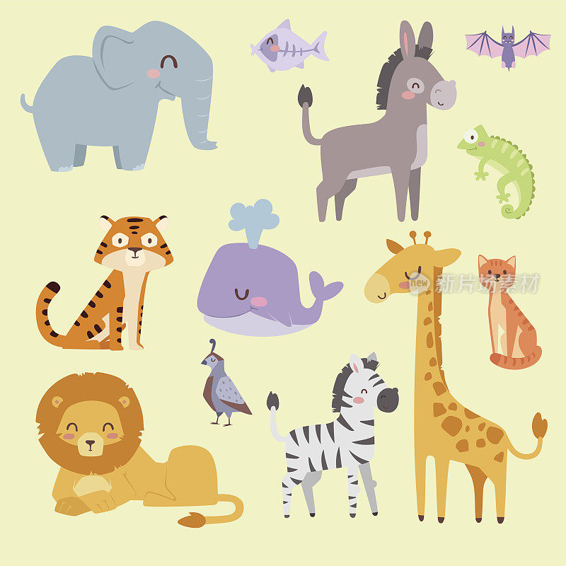 可爱的动物园卡通动物孤立有趣的野生动物学习可爱的语言和热带自然狩猎哺乳动物丛林高大的字符矢量插图