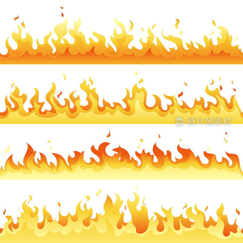 无缝热火火焰设置，危险火光采集隔离在白色背景上。矢量红色和黄色火焰插图