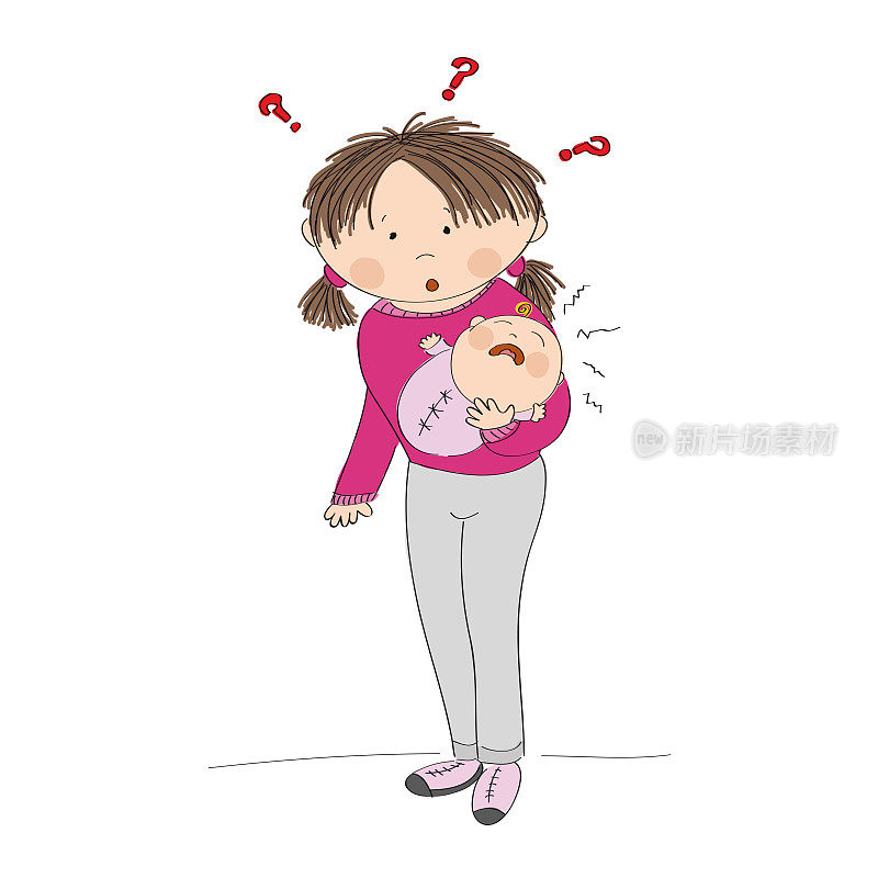 困惑的年轻母亲抱着她哭泣的女婴-原创手绘插图-