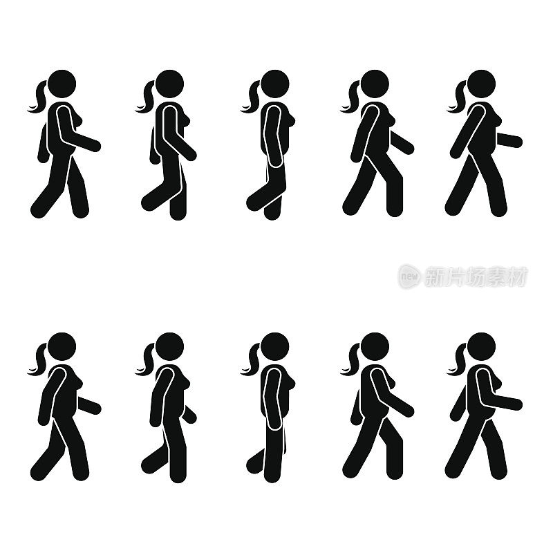 女人们走路姿势各异。态势图。向量站人图标符号符号符号象形图上的白色