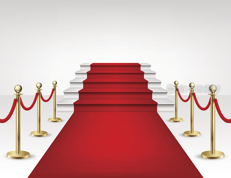 现实的矢量红色事件地毯，金色的障碍和白色的楼梯孤立在白色的背景。设计模板，在EPS10中的剪贴画