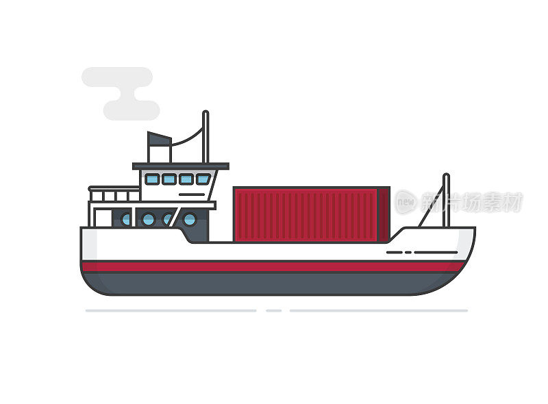 海运集装箱通过船舶矢量插图线勾勒，平面卡通船或船运输货物集装箱孤立在白色，物流理念，货物运输