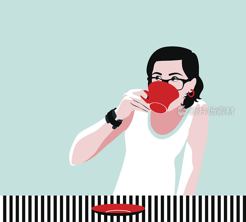 喝咖啡的时髦少女。波普艺术矢量插图