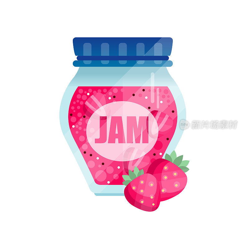 草莓果酱，玻璃罐的浆果配置矢量插图在一个白色的背景