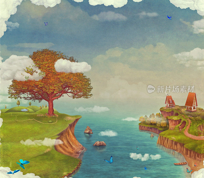 描绘童话般的奇异森林、房屋、湖泊、天空和天空中的大树