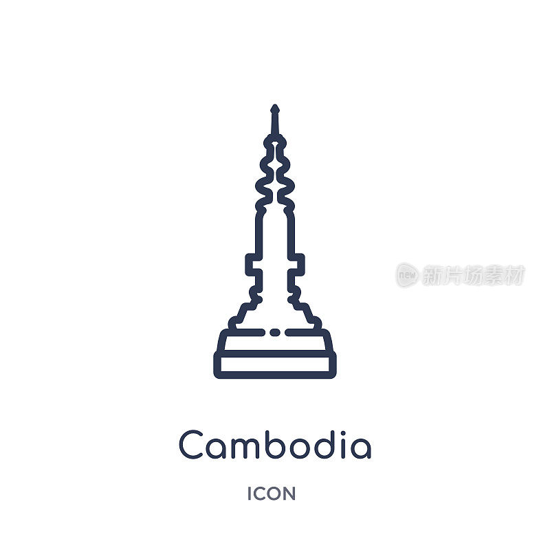柬埔寨图标从纪念碑轮廓收集。细线柬埔寨图标孤立在白色的背景。