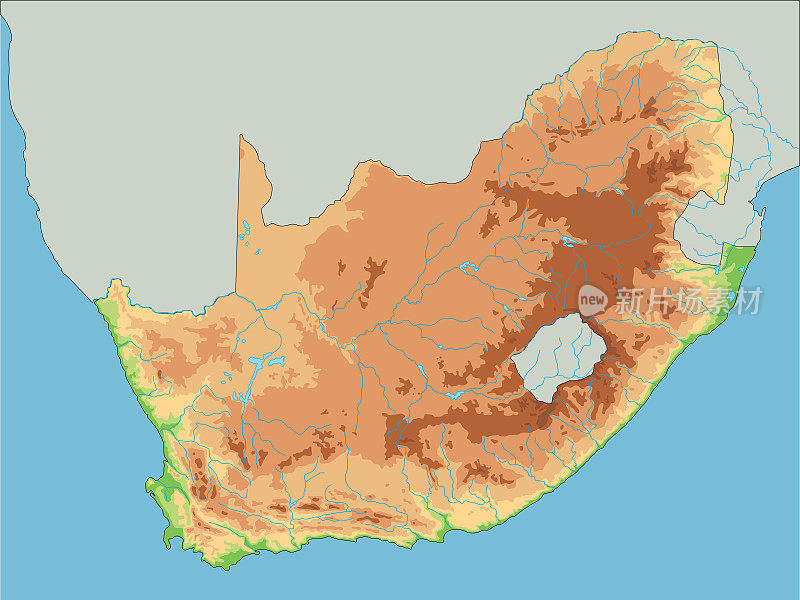 高详细的南非物理地图。
