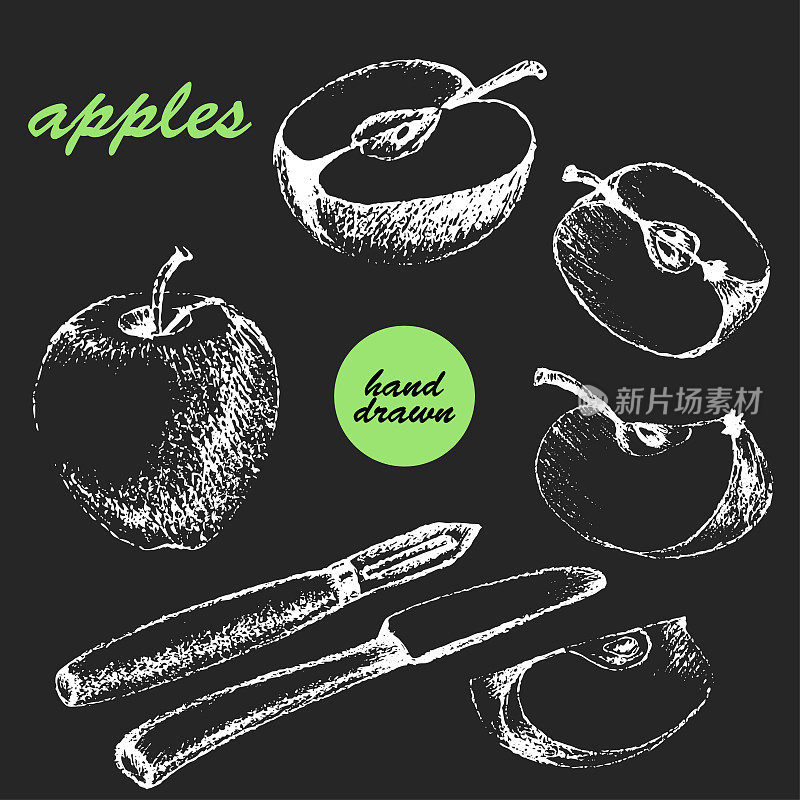 手绘的苹果粉笔素描，半截，切片，刀和削皮器。
