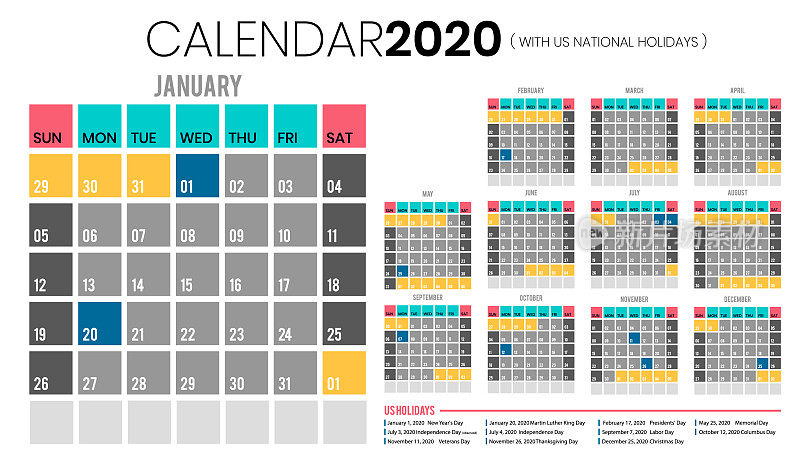 日历2020包括美国假期