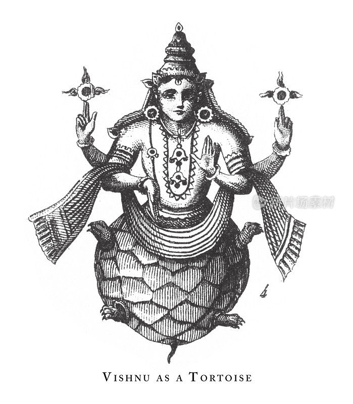 毗湿奴作为一只乌龟，印度教和佛教的宗教符号和宗教器具雕刻古董插图，出版于1851年