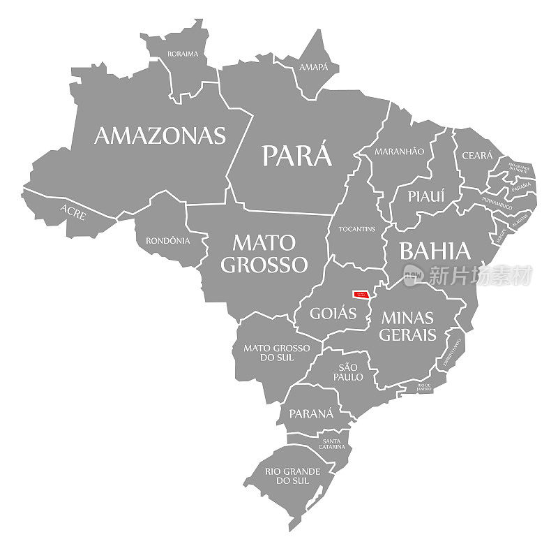 联邦行政区在巴西地图上用红色标出