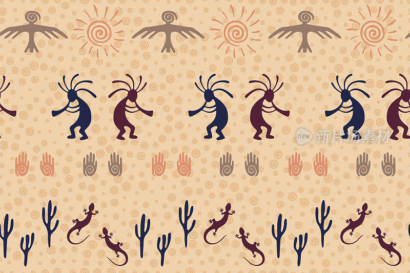 原住民，设计有壁虎、科科佩利生育神、太阳、鸟、仙人掌。
