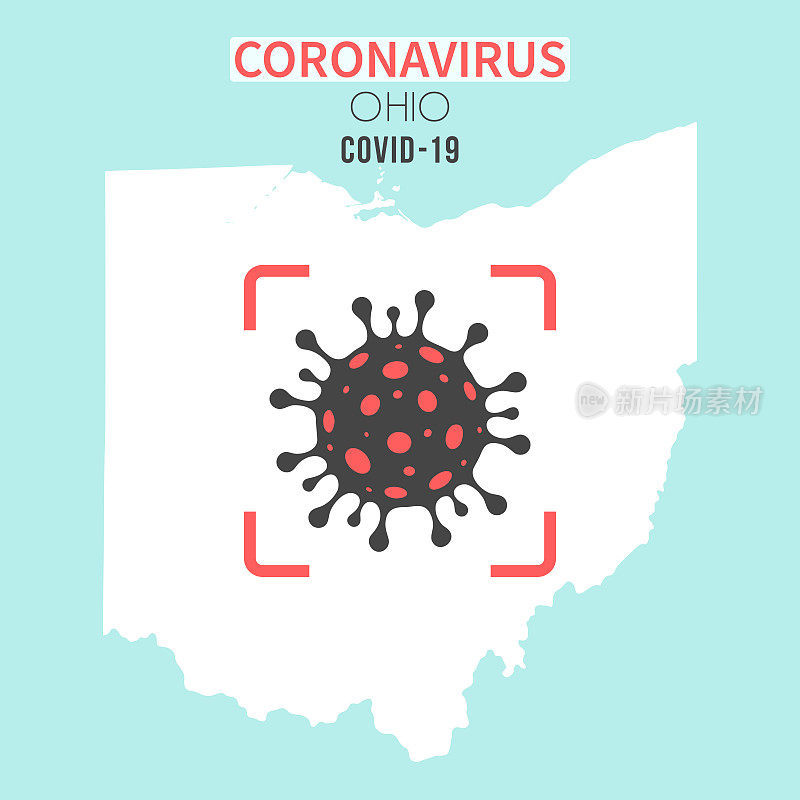 俄亥俄州地图，红色取景器中有冠状病毒细胞(COVID-19)