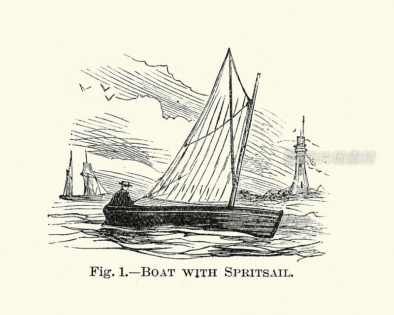 帆船，带spritsail的船，维多利亚时代的运动