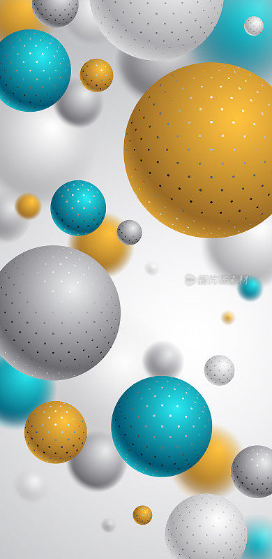 抽象球体矢量背景手机，组成飞行球装饰圆点智能手机壁纸，3D混合逼真的球体，逼真的景深效果。