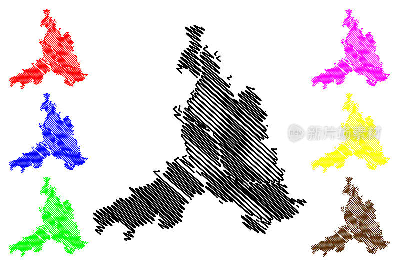 佛山市(中华人民共和国，广东省)地图矢量插图，涂画法山市地图
