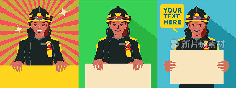微笑美丽的年轻女消防队员举着一个空白的标志，个人防护设备，两种面部表情和姿势