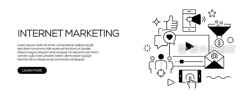 网络营销相关的网站横幅线条风格。现代线性设计矢量插图的网站横幅，网站标题等。