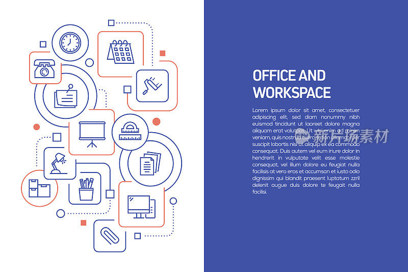 办公室和工作空间概念，矢量插图的办公室和工作空间与图标