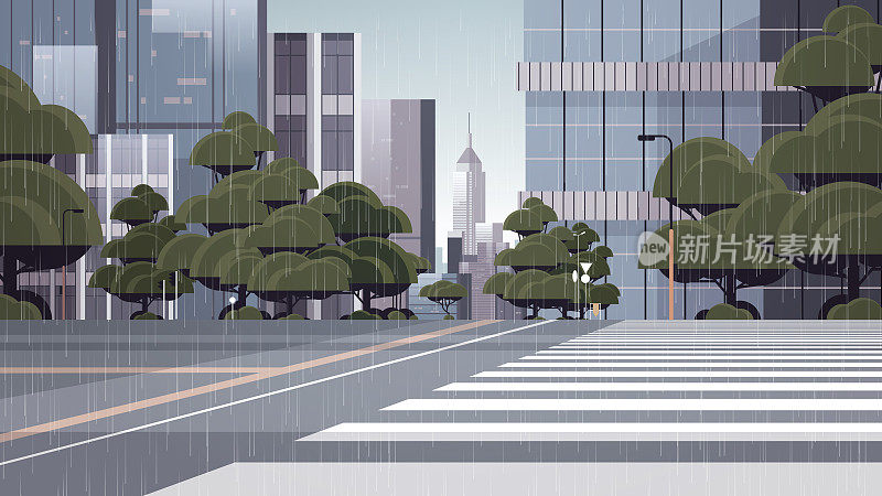 雨空的街道，马路，人行横道，城市建筑天际线，现代建筑，城市景观背景
