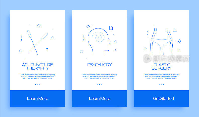 带图标的移动应用程序页面屏幕上的医疗保健和医疗概念。用户体验，用户界面设计模板矢量插图