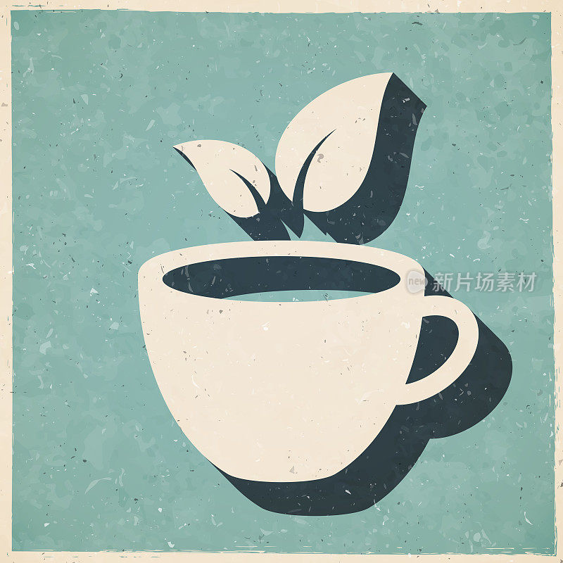 茶杯和茶叶。图标在复古风格-旧纹理纸