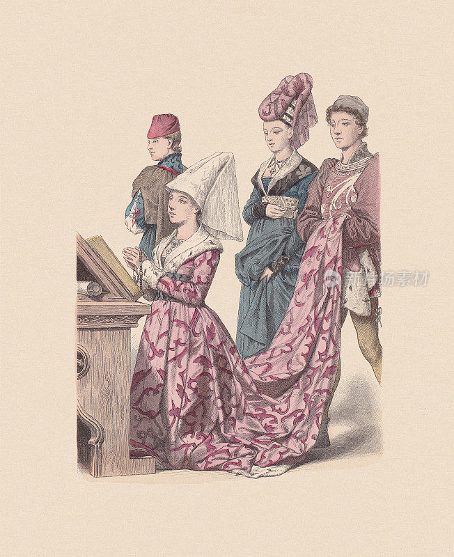 15世纪中期，勃艮第服饰，手工着色木刻，大约1880年出版