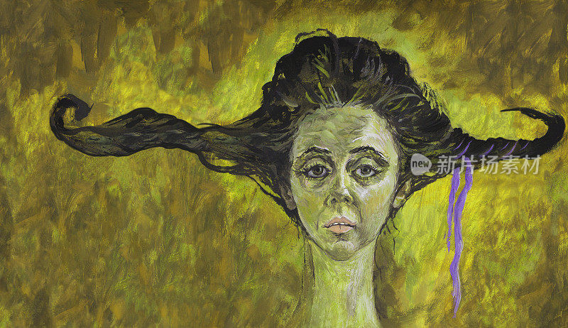 插图油画肖像的女孩的脸与长脖子和长黑色的头发在褐黄色的傍晚背景