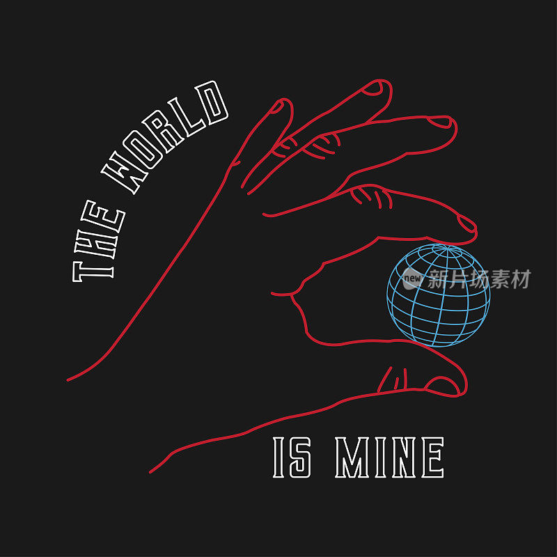 手握地球仪的口号是:世界是我的。印刷图形为t恤，复古服装印花。t恤的设计。