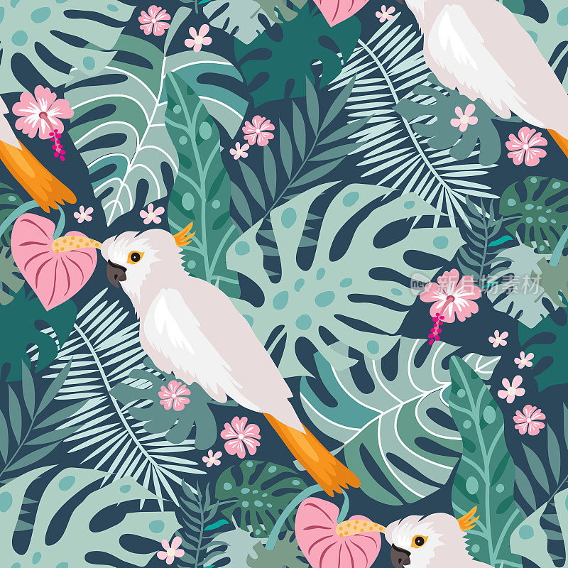 美丽的热带无缝图案与热带鹦鹉，五颜六色的异国情调的鸟类，树叶，花朵