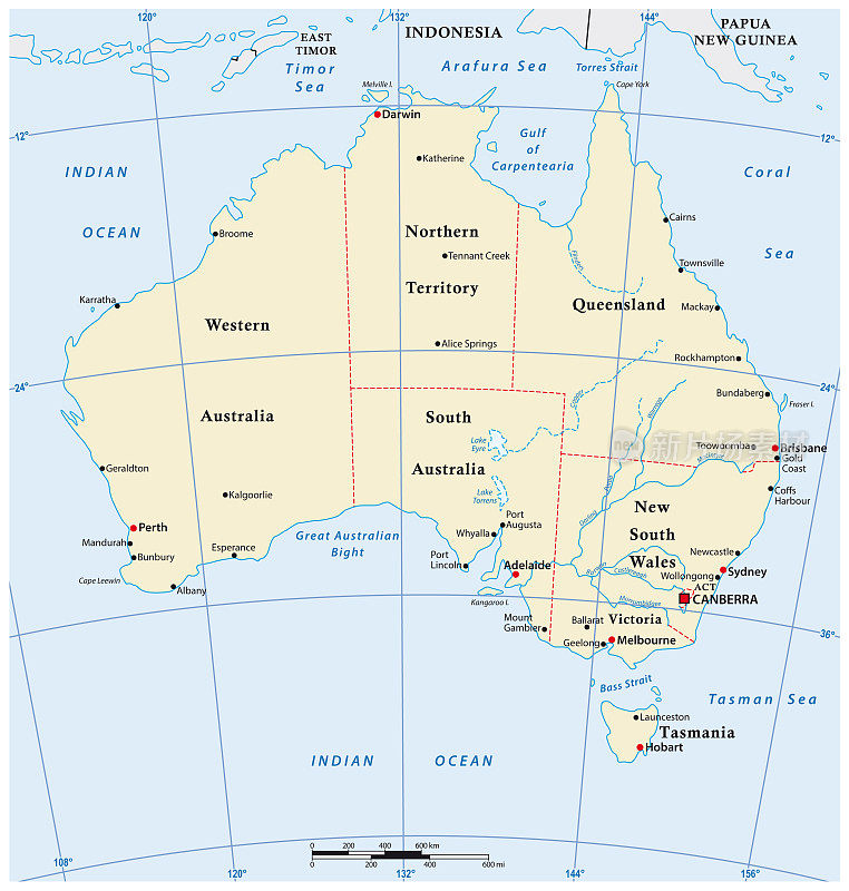 澳大利亚大陆主要城市的矢量地图