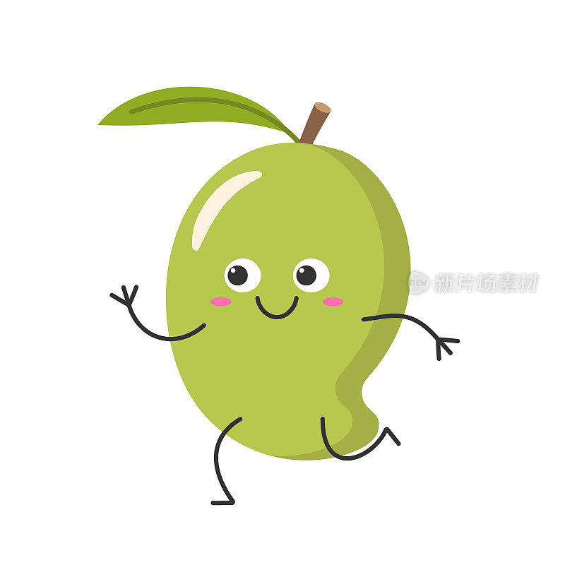 芒果奔跑的角色卡通热带水果颜色绿色快乐快乐的情绪微笑的脸图标矢量插图。