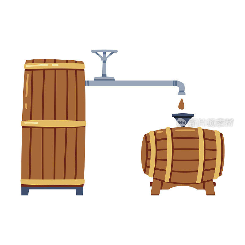 威士忌饮料过程中倒入木桶或木桶存储和成熟矢量插图
