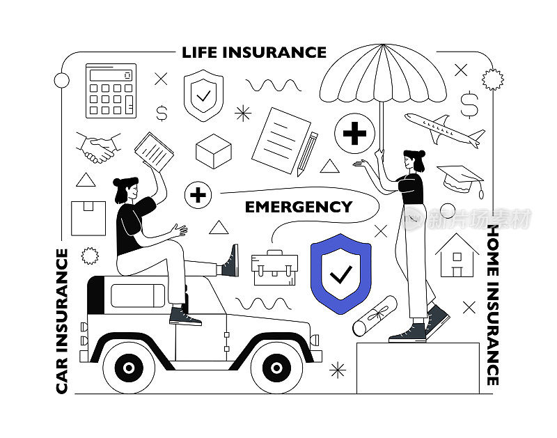 保险，我们的生命是重要的，重要的是采取预防措施。你的人寿保险，你的汽车保险，你需要对灾难采取预防措施。保险插图设计