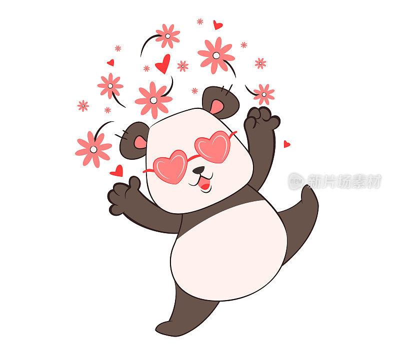 小熊猫抛起了花、心和旋涡。情人节。矢量插图，涂鸦，素描，祝贺，卡通