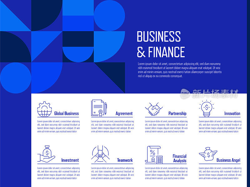 商业和金融概念矢量线信息图形设计图标。8个选项或步骤的介绍，横幅，工作流程布局，流程图等。