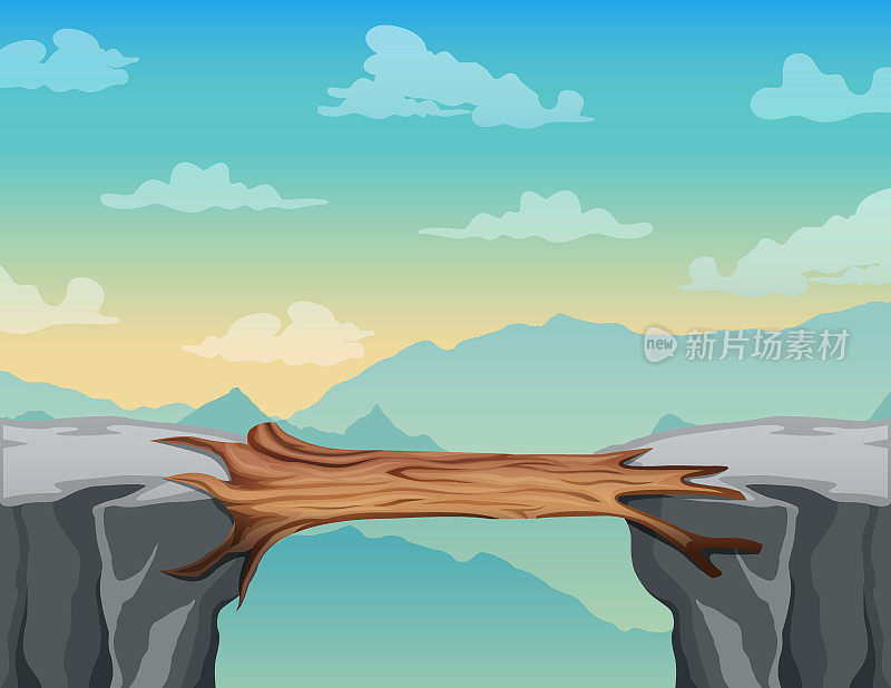 木桥在山峦之间，悬崖之上的岩石山峰景观