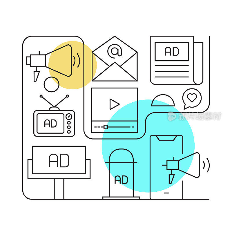 广告和媒体相关矢量横幅设计概念，现代线条风格与图标