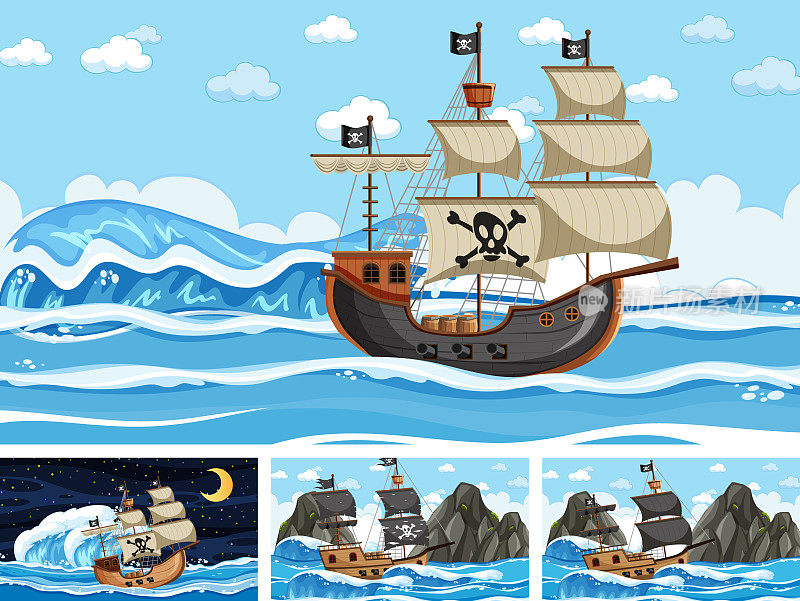 海盗船在不同时间的海洋场景，以卡通风格