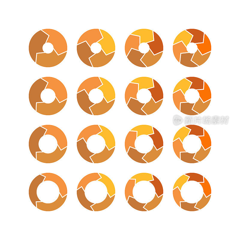 16个不同的橙色箭头信息图-段数x，孔大小y