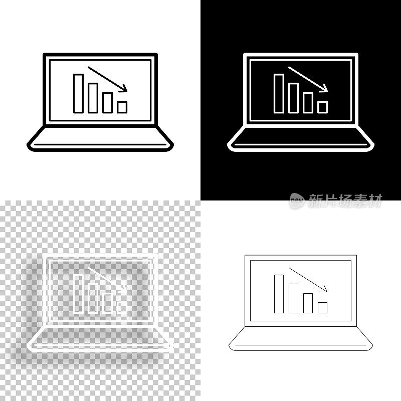 笔记本电脑上的递减图表。图标设计。空白，白色和黑色背景-线图标
