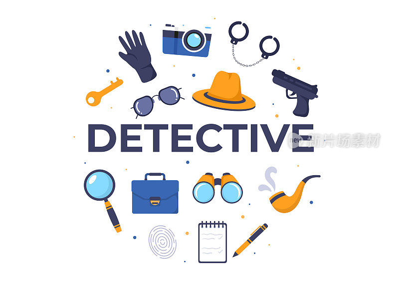 私人侦探或侦探收集信息，以解决犯罪的设备，如放大镜，手铐和其他在卡通背景插图