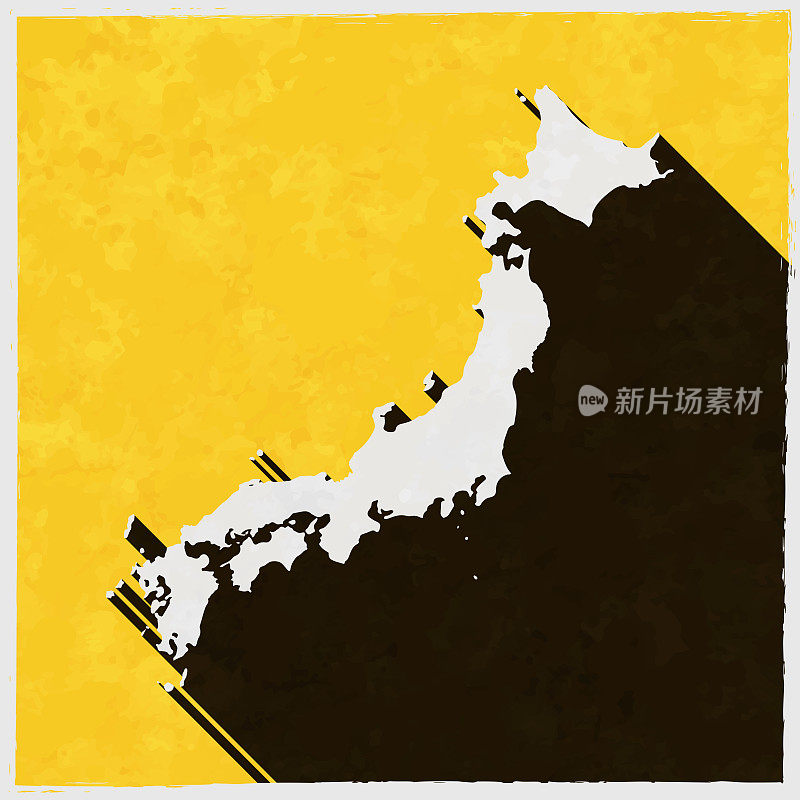 日本地图与纹理黄色背景上的长阴影